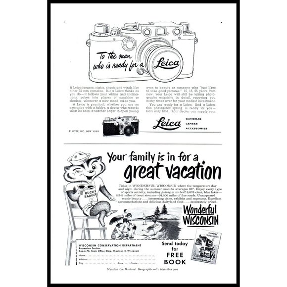 1953 Wisconsin Vacation Travel Vintage Print Ad Bucky Badger Cartoon Wall Art - Picture 2 of 2